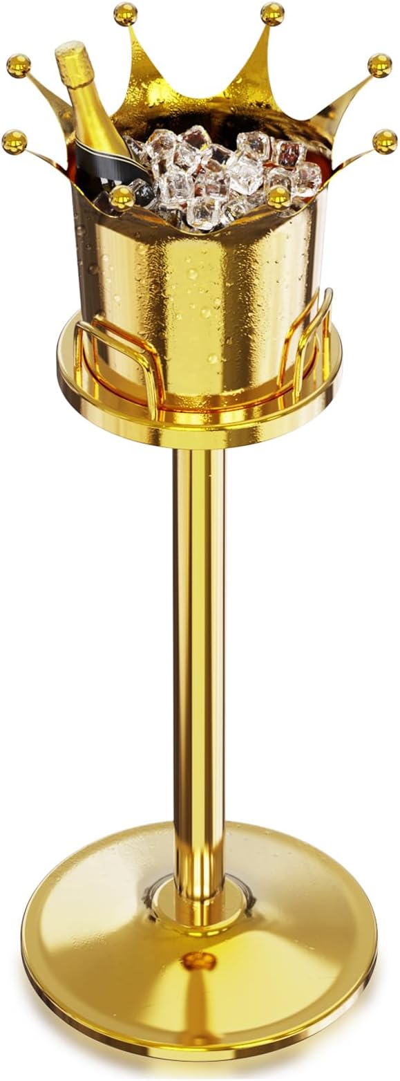 Royal Ice Bucket with Stand, Gold Ice Bucket,Stainless Steel Light-Luxury Standing Wine Bucket,Crown Design with 8 Steel Balls for Champagne, Wine,Family Gatherings,High-end Banquets,7L