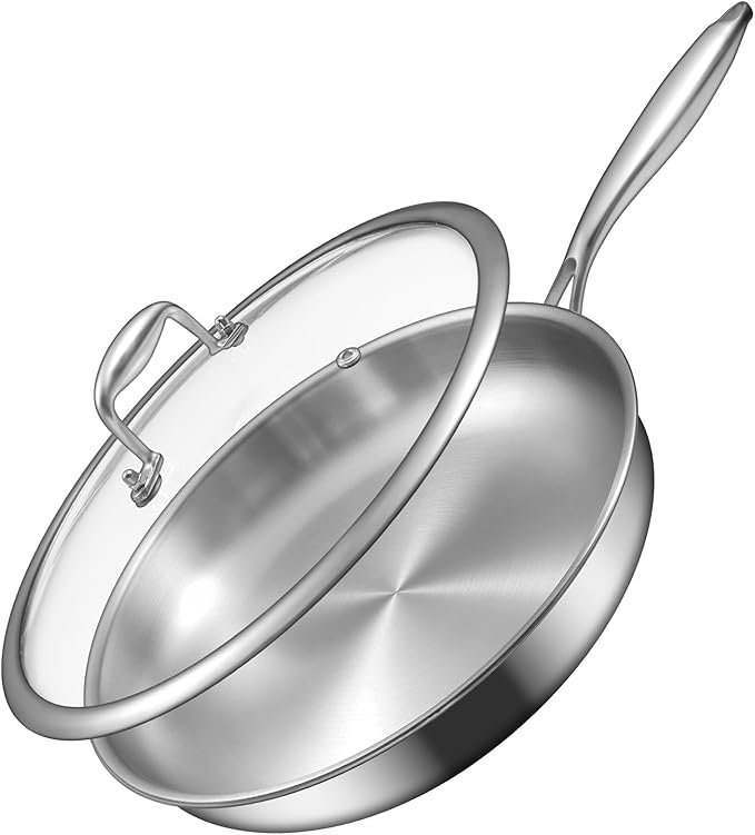 EWFEN 12 Inch Tri-Ply Stainless Steel Frying Pan, Compatible with All Cooktops Up to 600℉, Large Frying Pan with lids, Induction-Ready Skillet, Dishwasher and Oven Safe, Fast & Even Heat, Heavy Duty