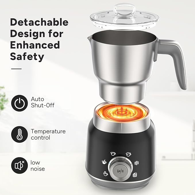 6-in-1 Electric Milk Frother and Steamer with Detachable Cups, Automatic Cold and Warm Foam Maker for Lattes/Cappuccinos/Hot Chocolate, Dishwasher Safe Black