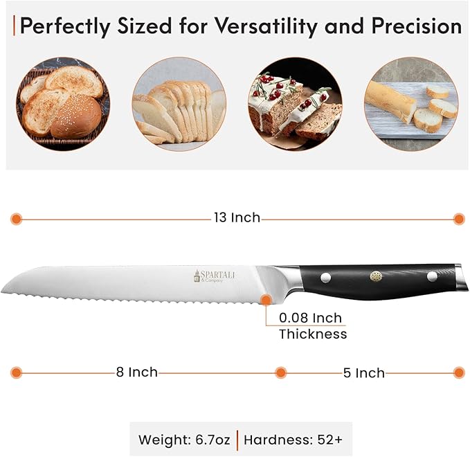 8-Inch Bread Knife – Serrated High Carbon German Stainless Steel Blade for Bread, Bagels & Pastries – Ergonomic Handle, Rust-Resistant, Ultra-Sharp Edge – Ideal for Home Bakers and Chefs.