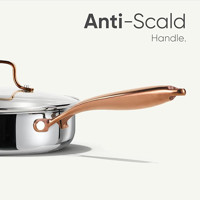 CAROTE 10" Tri-Ply Stainless Steel Deep Frying Pan with Lid, Non-Toxic Saute Pan, Oven Safe, Induction, Ceramic and Gas Cooktops Compatible, Silver