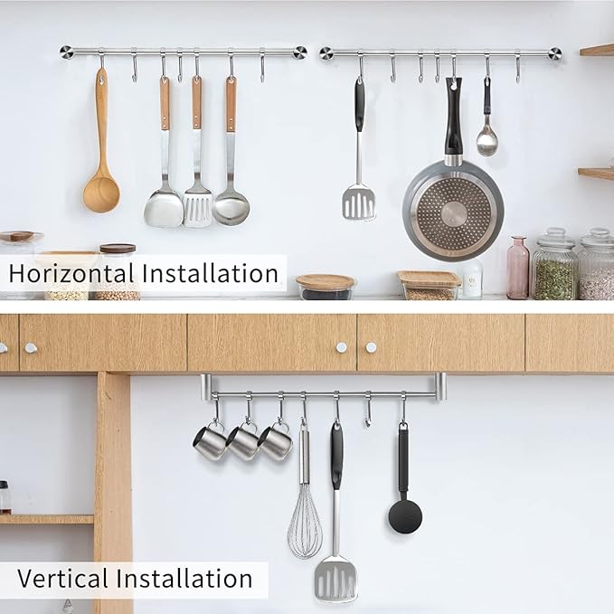 Kitchen Utensil Rack 2 Pack, 15.6 Inch Pots and Pans Hanging Rack Wall Mounted, 304 Stainless Steel Lid Cooking Utensil Hanger, 7 Sliding Hooks for Spatula Spoon, Measuring Cups, Coffee Mug