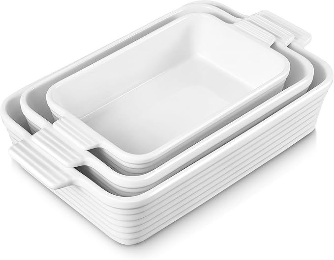 Jassceram Casserole Dishes for Oven, 3-Piece Ceramic Baking Dish Set, Rectangular Lasagna Pan Deep with Handles, Nesting Bakeware for Baking & Roasting, Oven Safe (9.6 to 13.1 Inch), White - Christmas Gift