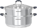 SUNHOUSE - 5.5 Quart Steamer Pots With Lid 2-Tier Multipurpose Stainless Steel Steaming Pot Cookware With Handle For Vegetable, Dumpling, Sauce, Food - Triple Bottom, Measurement Line