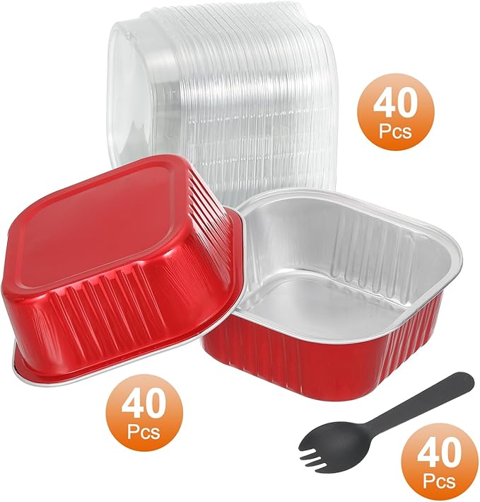 HARFINGTON 40Pack 10oz Disposable Mini Cake Pans with Lids and Spoons Red Aluminum Foil Square Baking Cupcake Dessert Cups Tin for Birthday Party