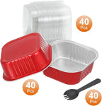 HARFINGTON 40Pack 10oz Disposable Mini Cake Pans with Lids and Spoons Red Aluminum Foil Square Baking Cupcake Dessert Cups Tin for Birthday Party