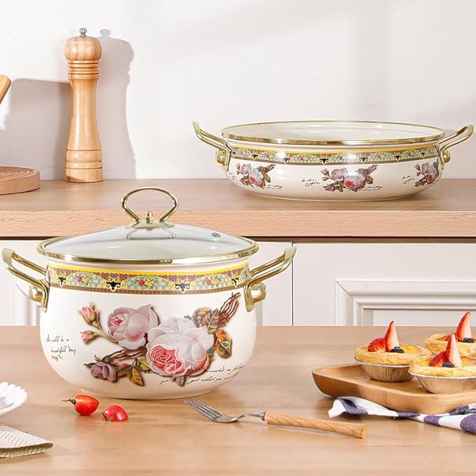 Vintage Enamel Stockpot with Lid,Large Stock Pot Enamel 5.5 Liters Nonstick Saucepan with Glass Lid Flower Enamel on Steel Cooking Pot with Lid, Vintage Thicken Soup Pot with Handles,20CM