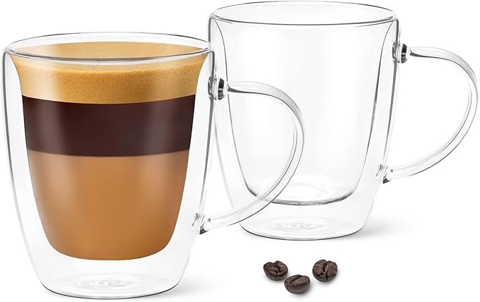 DLux Lungo 5.4oz Coffee Cups Double Wall, Clear Glass set of 2 Glasses with Handles, Insulated Borosilicate Glassware Tea Cup