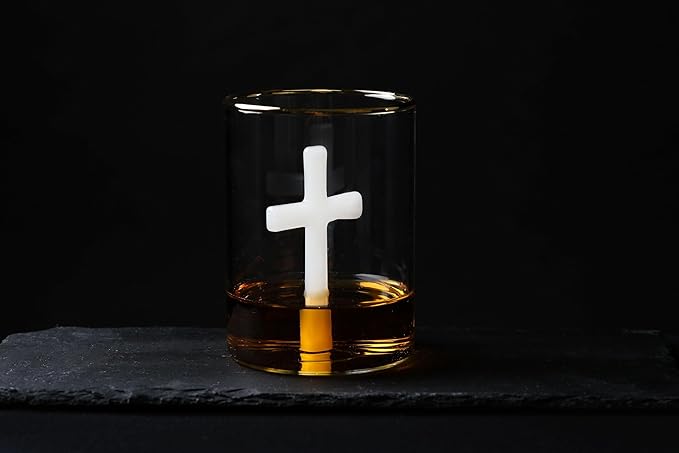 Crucifix Whiskey Glass – Premium Christian Cross Religious Glass, Old Fashioned Glass, Liquor – Luxurious Gold Rim – Home Bar Accessories Ideal for Man Cave, Fun Gift, Christian Gift, Religious Gift