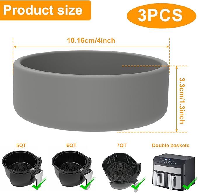 3Pcs Air Fryer Egg Mold 4"×1.3" Silicone Egg Poacher Cups Nonstick Egg Boiler Mold Cup Microwave Eggs Cooker Dishwasher Safe (Grey, 3-Pack)