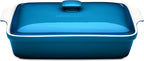 Stoneware Casserole Dish Bakeware Set with Lid, Covered Rectangular Dinnerware, Large 3.2 Quart, 11 by 9 Inch [Ocean Blue]