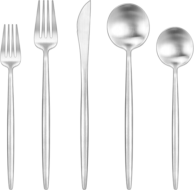 60-Piece Silverware Set for 12,Ollex Food-Grade Stainless Silver Flatware Set Include Spoons Forks Knives Matte Utensil Cutlery Set,Satin Finished & Dishwasher Safe
