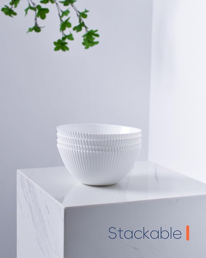 20 OZ Max White Opal Glass Cereal Bowl Set of 6, 6 inch Dishwasher & Microwave Safe Round Ribbed Bowls for Kitchen, Salad, Soup and Rice