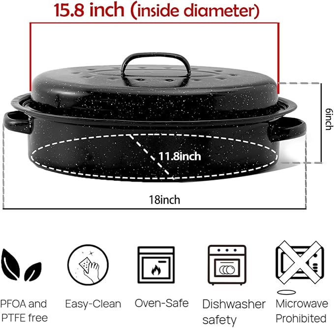 Turkey Roaster Pan 18in Roasting Pan With Lid Enamel Carbon Steel Roaster Pot with 16in Inner Diameter,18 Pound Large Capacity High Temperature Resistance Oval Cookware