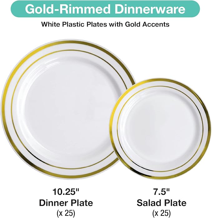 Pre Wrapped Cutlery Set- 25 sets of Fork, Knife, Spoon wrapped in a napkin - 25 Small Plates- 25 Big Plates (Gold)