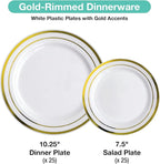 Pre Wrapped Cutlery Set- 25 sets of Fork, Knife, Spoon wrapped in a napkin - 25 Small Plates- 25 Big Plates (Gold)
