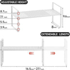 Expandable Cabinet Shelf Organizers, Stackable Metal Shelves Extender for Kitchen Countertop Storage, Adjustable Spices Shelves Rack Stand for Cupboard Pantry, White