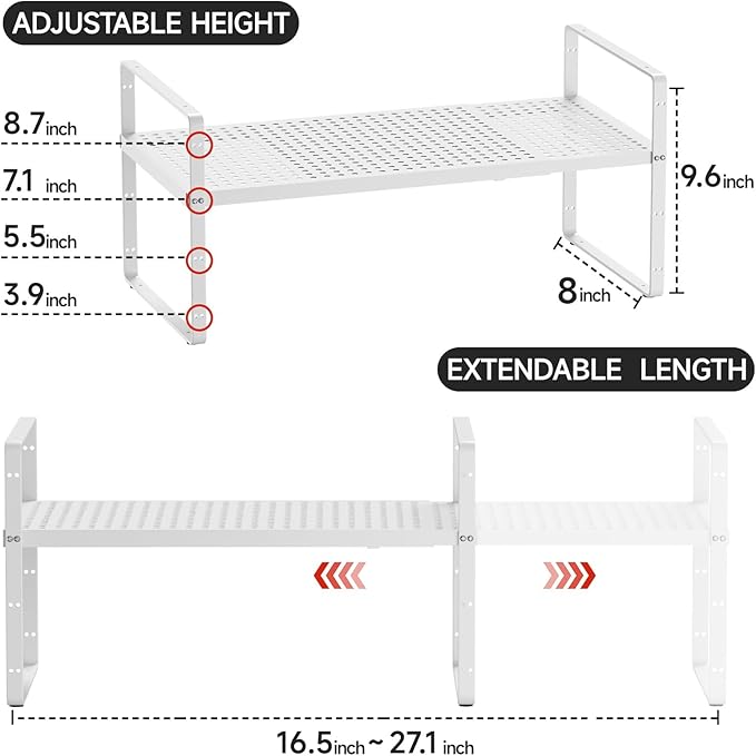 Expandable Cabinet Shelf Organizers, Stackable Metal Shelves Extender for Kitchen Countertop Storage, Adjustable Spices Shelves Rack Stand for Cupboard Pantry, White