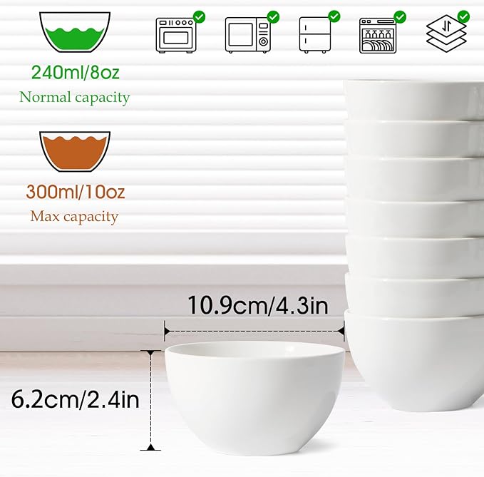 NUTRIUPS 10oz Ice Cream Bowl, 4.3in Small Ceramic Bowls for Dessert Snack Rice Side Dishes, White Dip Bowl, Set of 8