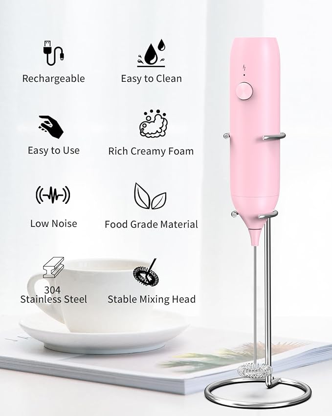 CIRCLE JOY Milk Frother Handheld Rechargeable Milk Foamer Electric Mini Drink Mixer with Stainless Steel Whisk for Coffee, Cappuccino, Lattes, Frappe, Matcha and Hot Chocolate, Pink