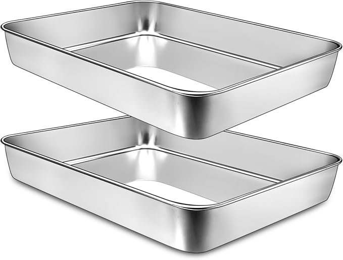 EWFEN 12 Inch Rectangular Cake Pan Set of 2, Stainless Steel Deep Baking Pan for Lasagna Brownies Casseroles, Metal Cookie Tray Fits in Toaster Oven, Rust-resistant, Dishwasher Safe