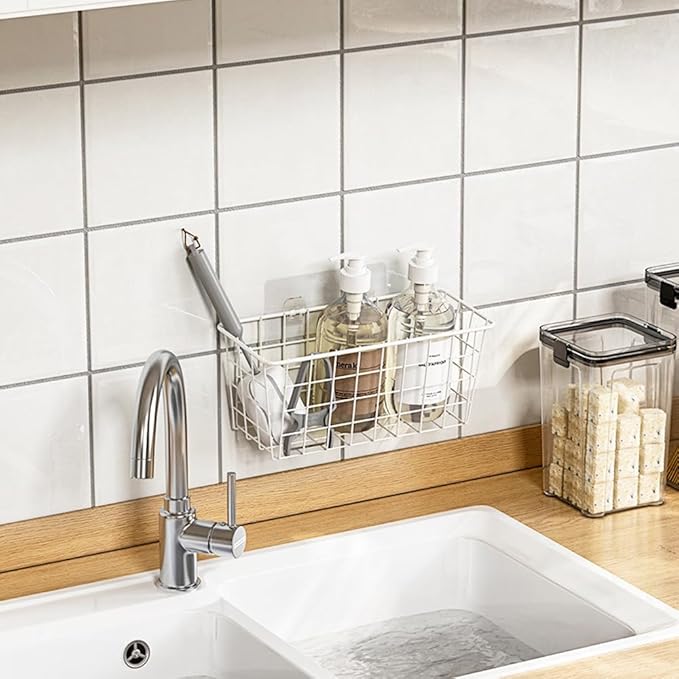 Adhesive Basket Wall Wire Basket Over the Cabinet Door Organizer No Drilling Mounted 4 Pack, White