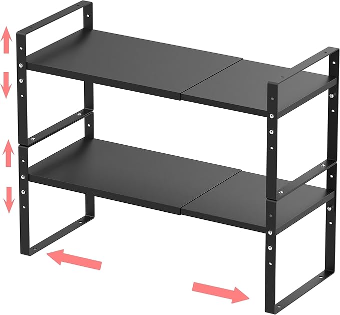 Expandable Stackable Spice Rack Cabinet Shelf Organizer in Cabinets Shelves Kitchen Cupboard Organization Stack up Racks Pantry Countertop Storage Medium/Black 2 Packs