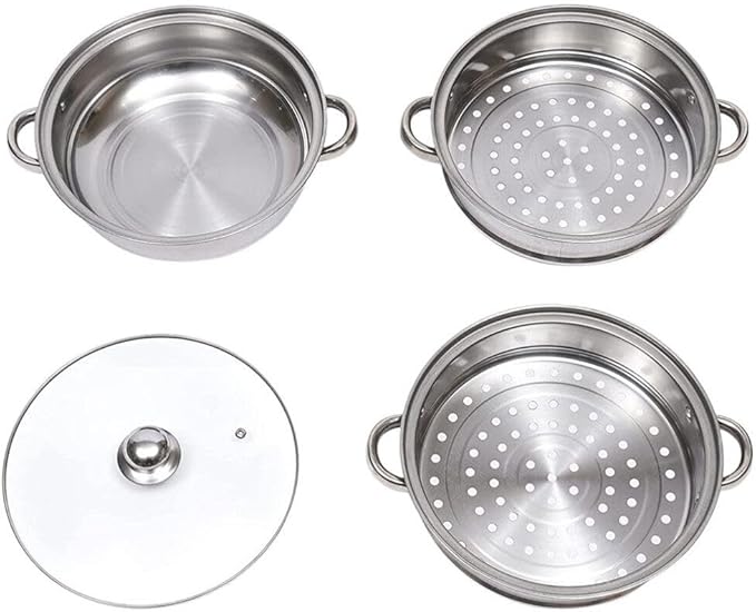 3 Tier Steamer Pot with Glass Lid - 30 cm Stainless Steel Steamer Pot Set Kitchen Cookware Tool Food Veg Cooker for Cooking Vegetables, Seafood, Soups, Stews and Pasta