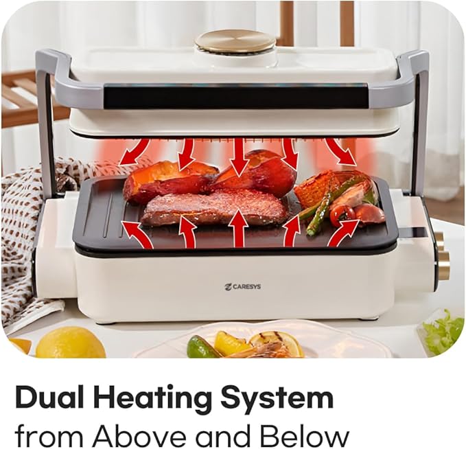 Smokeless Double Care Grill, Electric Indoor Tabletop Grill, Dual Heating, Fast Grilling, Portable, Nonstick, Adjustable Temperature, Ideal for K-BBQ
