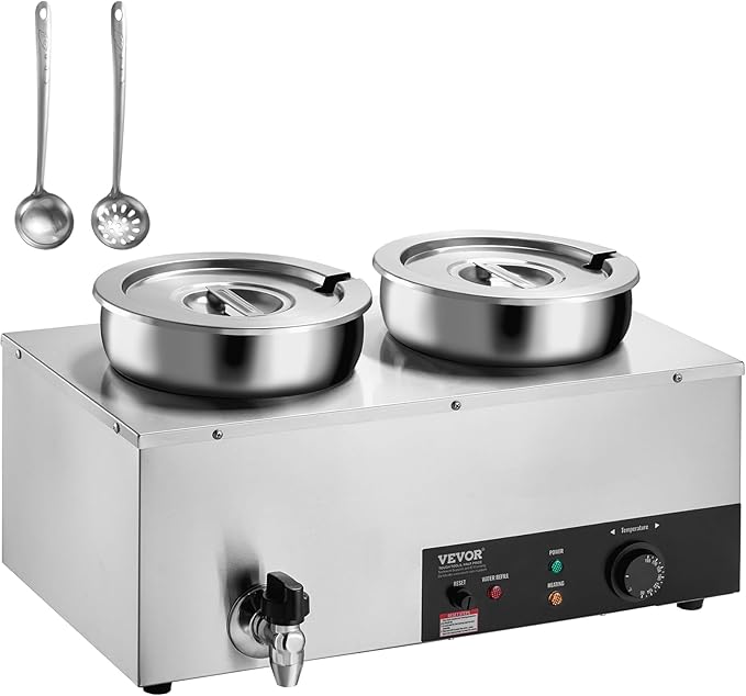 VEVOR Electric Soup Warmer, Dual 7.4QT Stainless Steel Round Pot 86~185°F Adjustable Temp, 1200W Commercial Bain Marie with Anti-Dry Burn and Reset Button, Soup Station for Restaurant, Buffet, Silver