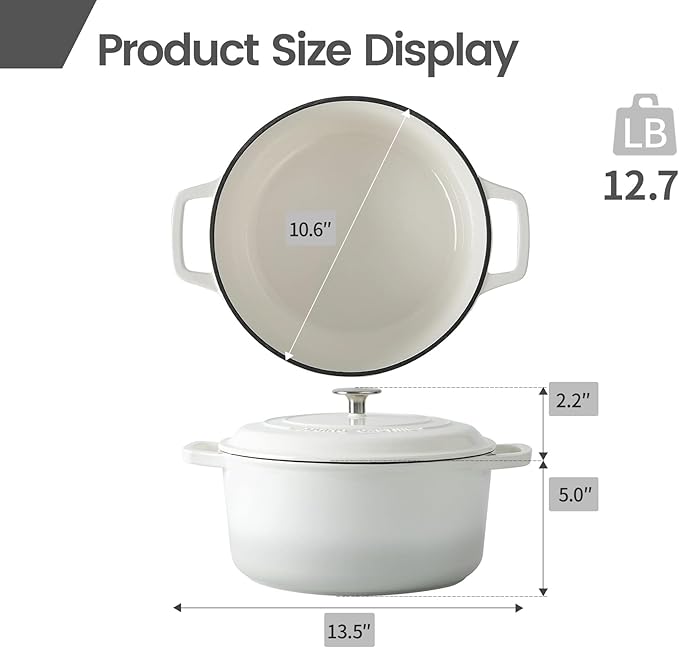 Enameled Cast Iron Dutch Oven Pot With Lid, Dutch Oven for Sourdough Bread Baking Round Pot Dule Handle, 6 Quart, White