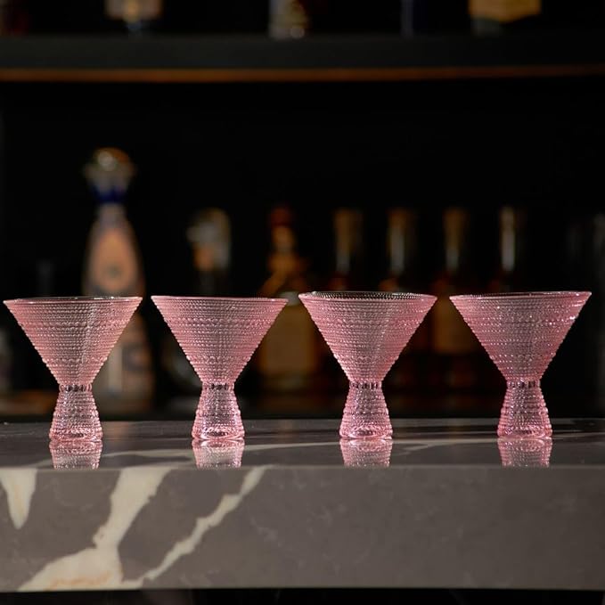 LEMONSODA Hobnail Pink/Clear Martini Glasses Vintage Cocktail Glasses (9oz) for Martini, Cocktail, Margarita, Cosmopolitan, Manhattan (Pink, Set of 4)