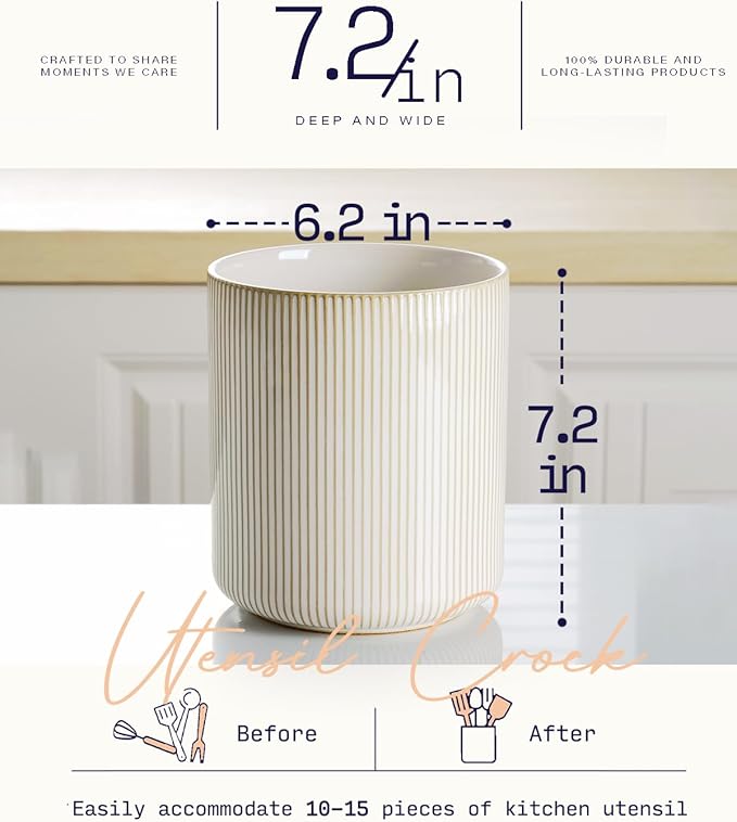 getstar Large Kitchen Utensil Holder for Kitchen Counter (H7.2” x W6.2”), Ceramic Cooking Utensil Holder with Cork Mat (Vintage)