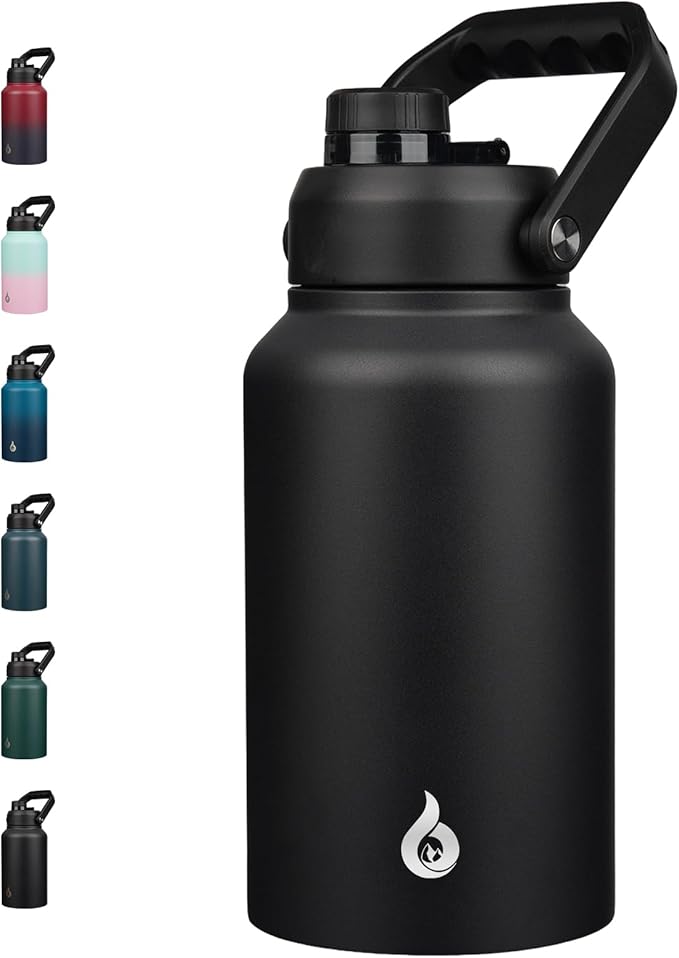 BJPKPK 87oz Insulated Water Bottle, Dishwasher Safe 2/3 Gallon Water Bottle with Ergonomic Handle, BPA Free Leak Proof Water Jug, Stainless Steel Metal Water Bottle with Anti-slip Bottom, Black