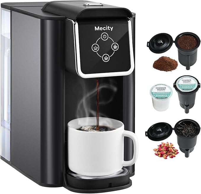 Mecity Coffee Maker 3 in 1 Single Serve Coffee Machine, Compatible with K cup Capsules, Instant Coffee Pot, Tea maker, 6,8,10 Oz Cup, Removable 50 Oz Water Reservoir, 120V 1150W, Dark Grey
