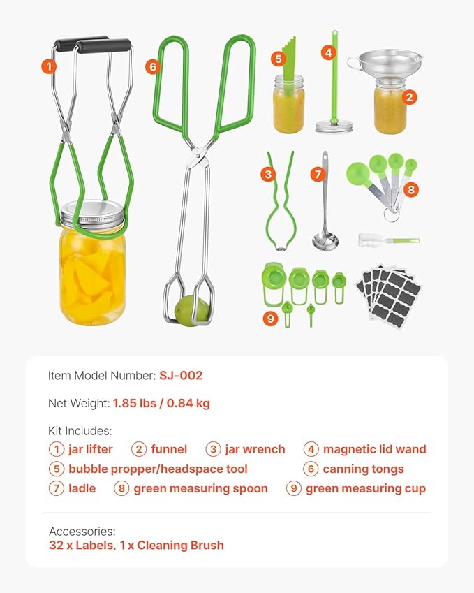VEVOR Canning Supplies Starter Kit, 9 Pieces Stainless Steel Water Bath Canning Kit for Beginners, Canning Tools Set: Ladle, Measuring Spoon & Cup, Funnel, Tongs, Jar Lifter, Jar Wrench