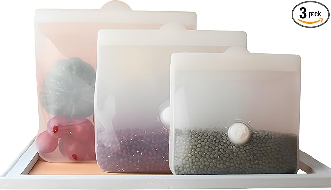 Reusable Silicone Food Storage Bags – Premium Eco-Friendly Multi-Size Set (650ml/1300ml/2000ml), Leakproof, BPA-Free, Freezer & Microwave Safe, Dishwasher Friendly (White(Clear))