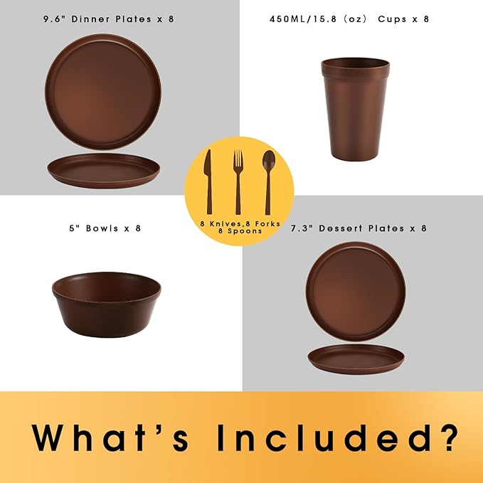 Plastic Dinnerware Sets – Brown Plastic Plates, 40-Piece Reusable Dishes Set for 8 with Cups, Forks, Knives and Spoons, Unbreakable Plates and Bowls for Camping, Outdoor Use