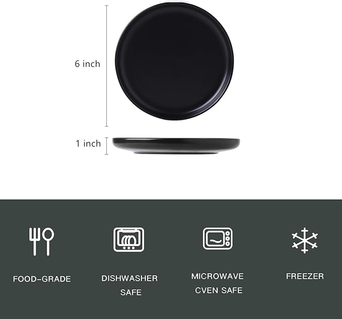 Matte Ceramic Appetizer Plates 6 Inch,Small Mini Dessert Plates Set of 4,Microwave and Oven Safe Snack,Bread,Butter Dessert,Pie,Cake Plates Cat Dishes(6 inch,Black)