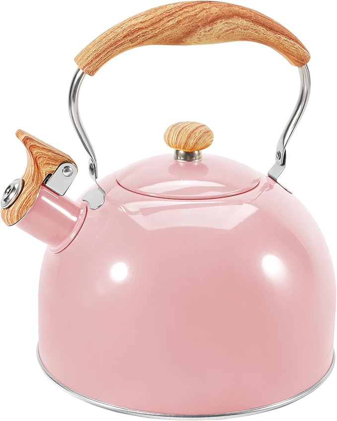 GGC Tea Kettle for Stove Top, 85OZ/2.6QT Whistling Tea Kettles for Boiling Water Milik or Coffee, Pink Stainless Steel Tea Pots with Wood Pattern Folding Handle, Thumb Design Control Kettle Outlet