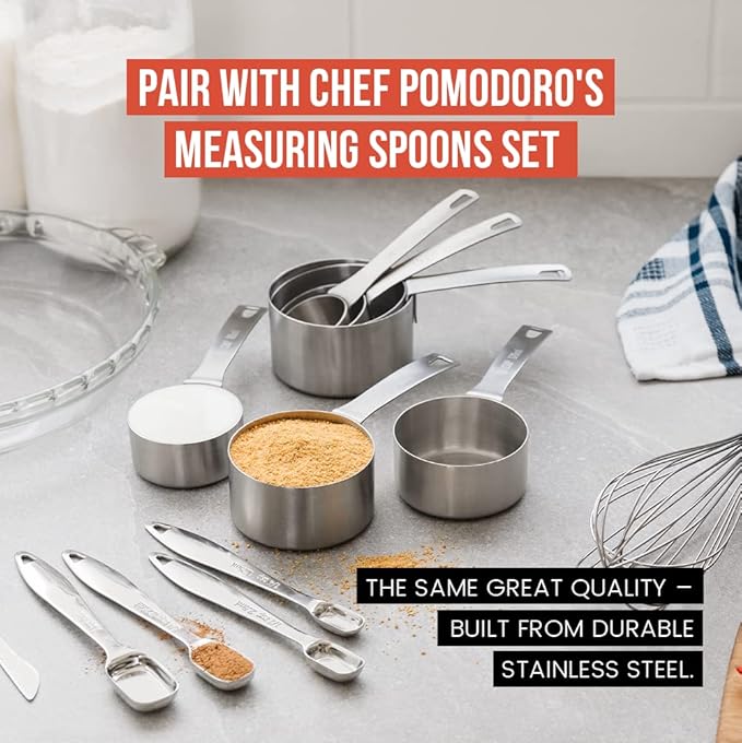 Chef Pomodoro Stainless Steel Measuring Cup Set, Nested and Stackable with 7 Pieces, Sturdy Extra-long Handles with Lasered Markings and Sorting Ring, Metal Kitchen Spoons for Wet and Dry Ingredients