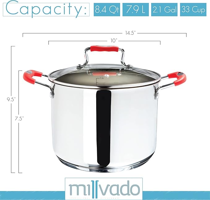Stock Pot, 8.4 Quart Stainless Steel, Large StockPot With Clear Glass Lid, Steam Hole, Permanent Measurement Markings, Gas, Electric and Induction Compatible Boiling Pot