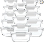 30 Pieces Glass Food Storage Containers with Snap Locking Lids,Glass Meal Prep Containers Set - Airtight Lunch Containers, Microwave, Oven, Freezer and Dishwasher White