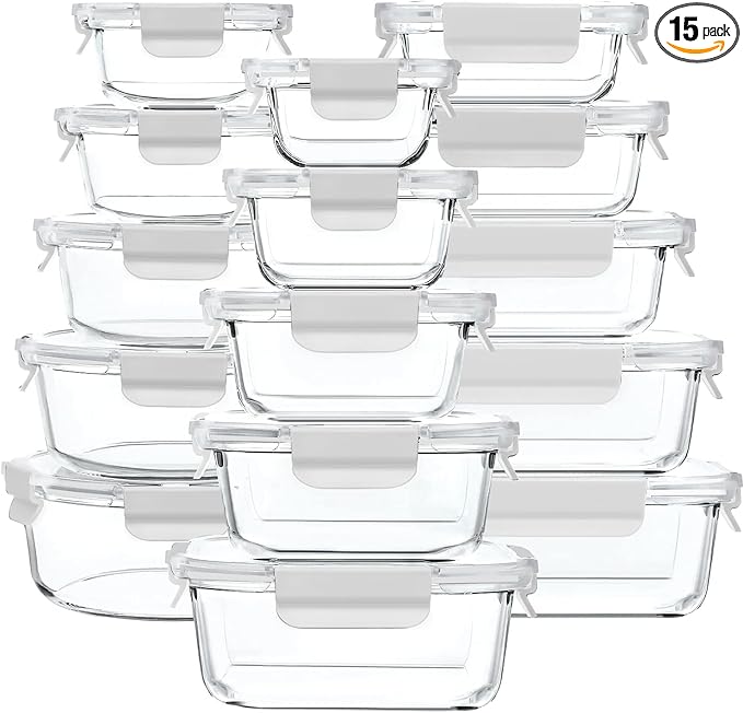 30 Pieces Glass Food Storage Containers with Snap Locking Lids,Glass Meal Prep Containers Set - Airtight Lunch Containers, Microwave, Oven, Freezer and Dishwasher White