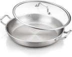 DELARLO 13 Inch Tri-Ply Stainless Steel Paella Pan With Lid, Big Frying Pan, kitchen Induction Large Skillets,Great for Paella Parties Indoors Outdoors,Heavy Duty Style
