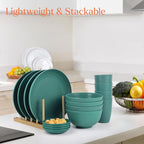 Wheat straw plates and bowls set of 16 - Unbreakable wheat straw dinnerware sets for kids - Alternative plastic dinnerware set service for 4 - Microwave safe and Dishwasher safe bowls. Green