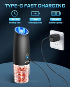 XinXu RECHARGEABLE Pepper and Salt Grinder Set,Automatic Pepper Mill,USB Rechargeable,Adjustable Coarseness,One-handed Operation,Ceramic Burr,Refillable,Auto Grinders Shakers LED Light,Black