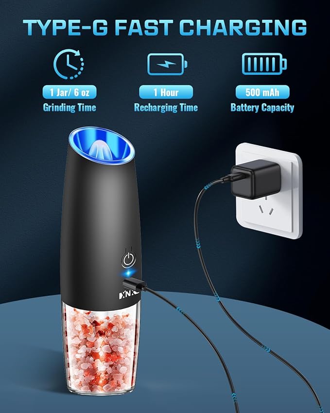 XinXu RECHARGEABLE Pepper and Salt Grinder Set,Automatic Pepper Mill,USB Rechargeable,Adjustable Coarseness,One-handed Operation,Ceramic Burr,Refillable,Auto Grinders Shakers LED Light,Black