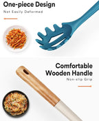 Silicone Pasta Fork, Kitchen Heat Resistant Noodle Spoon Server, BPA Free Spaghetti Strainer,12.8 inch (Khaki & Blue)