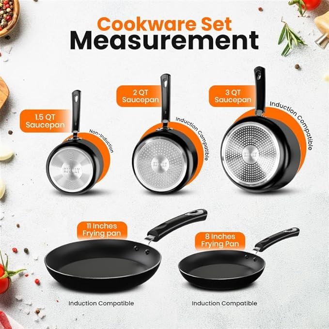 KICHLY 8 Pieces Pots and Pans Set, Non Stick Kitchen Cookware Set, Induction Frying Pans 20cm, 28cm, Saucepan with Lids 20cm, 18cm, Non Induction Saucepan 16cm, Pots and Pans Set Nonstick, Black